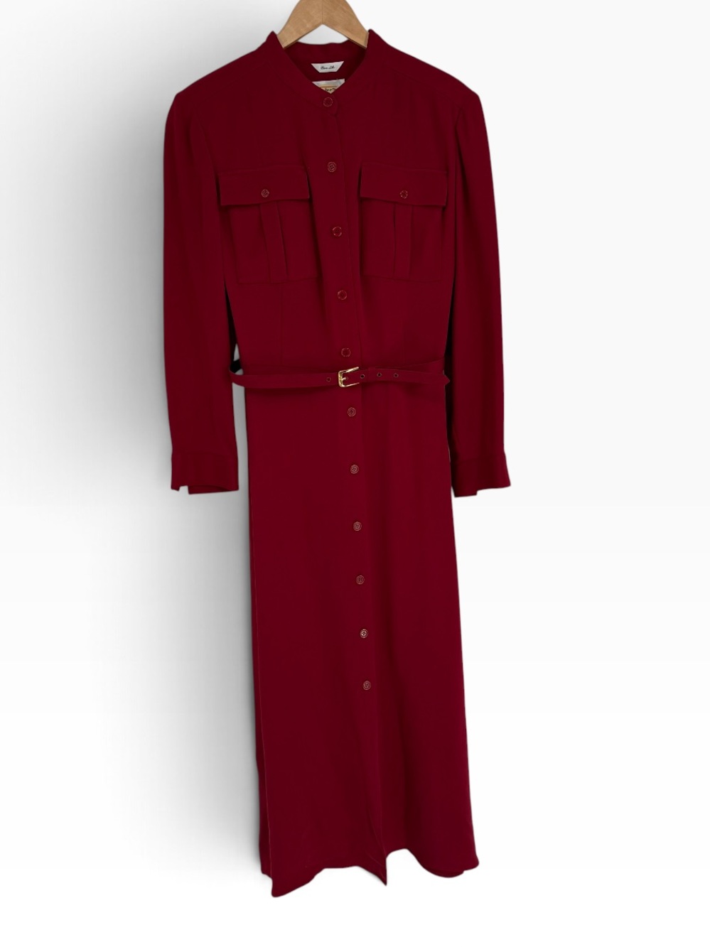 Vintage Talbots Silk Button Up Belted Shirt Midi Dress Long Sleeve Size 12P Red